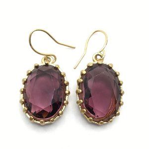 Vtg Open Bezel Plum Colored Crystal Oval Faceted Drop Earrings Gold Plated 3/4"